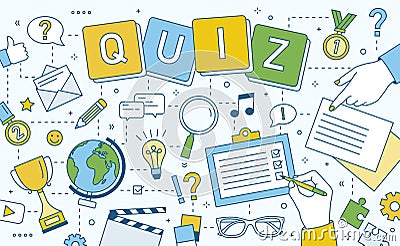 Banner with hands of people solving puzzle or riddle, playing intellectual game, taking part in quiz tournament Vector Illustration