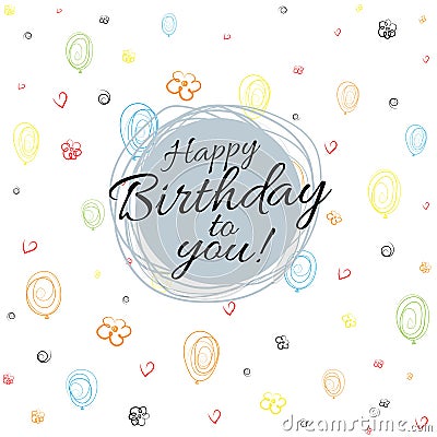 Banner Happy Birthday on seamless background of balloons, hearts, flowers, spirals Drawing Flat Background Vector Vector Illustration