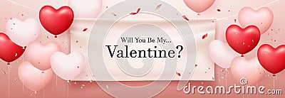 Banner Happy Valentine`s Day, White curtains stretched on strings. red and pink, white balloon heart with ribbon design Vector Illustration
