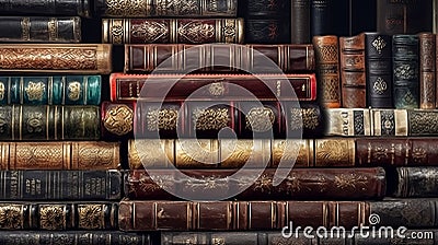 Banner or header image with a stack of antique leather books. Generative AI Stock Photo