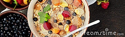 Banner of Healthy vegetarian breakfast. Oatmeal, granola with raspberries Stock Photo