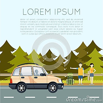 Banner of hitchhiking travel Vector Illustration