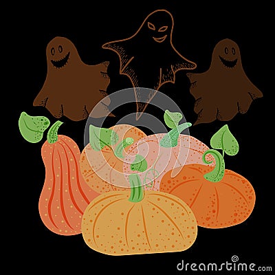 Banner for the holiday on a black background. Pumpkins with ghosts. October. Halloween Perfume. The vector is made in a Vector Illustration