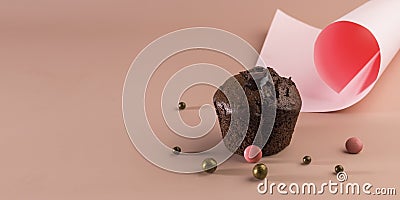 Banner. Holiday concept. Delicious homemade chocolate muffin with sweets on a pink background. Food geometric trend. Creative Stock Photo