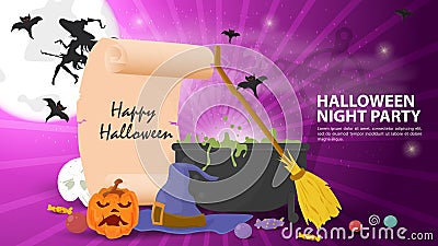 Banner for holiday design on the theme all saints eve Halloween scroll cauldron with a witchs potion flat vector illustration Vector Illustration