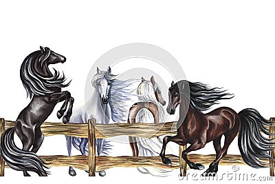 Banner with horses near a wooden fence. Hand watercolor. The horses get up and gallop. For printing and labels. For Stock Photo