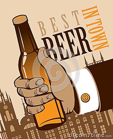 Banner with a human hand with a bottle of beer Vector Illustration