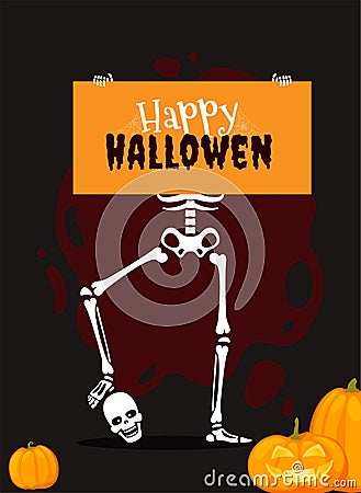 Banner with human skeletons in different poses with scary pumpkins. Halloween design. Vector illustration Vector Illustration