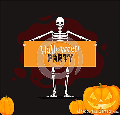 Banner with human skeletons in different poses with scary pumpkins. Halloween design. Vector illustration Vector Illustration