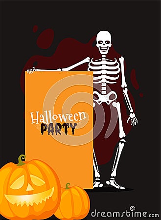 Banner with human skeletons in different poses with scary pumpkins. Halloween design. Vector illustration Vector Illustration