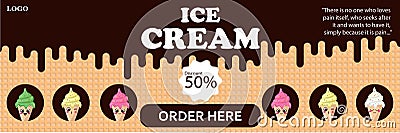 Banner for ice cream with cute character Vector Illustration