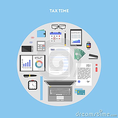 Banner with icons paying taxes in circle Vector Illustration