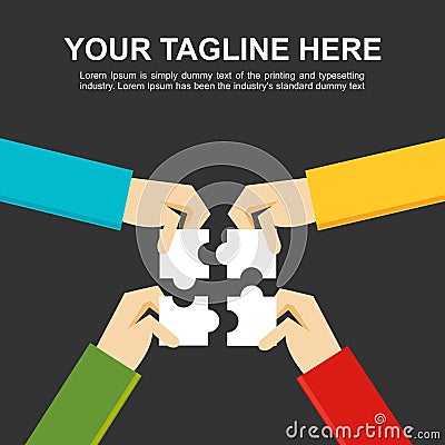 Banner illustration. Making a solution concept. Business people with puzzle pieces. Vector Illustration