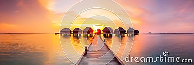 Banner image of bungalows view from boardwalk at sunset on a tropical sea, illustrator ai generative Stock Photo