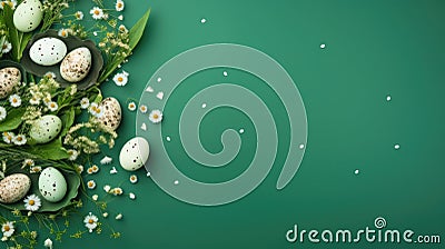 Banner with the image of Easter quail eggs and flowers on a green background Stock Photo