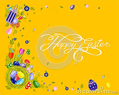 Banner inscription hand lettering calligraphy Happy Easter nest with colored eggs, spring tulip yellow background Vector Illustration