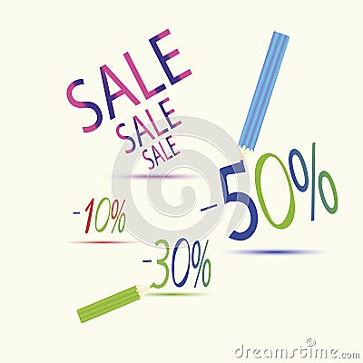 Banner with the inscription SALE. Pencils draw discount percentages. Vector Illustration