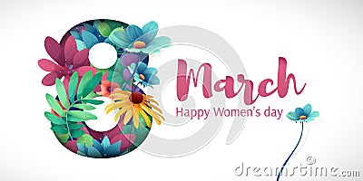 Banner for the International Women`s Day. Flyer for March 8 with the decor of flowers. Invitations with the number 8 in Vector Illustration