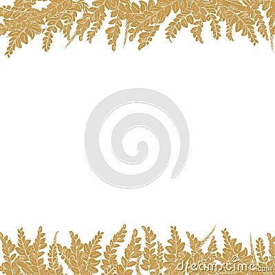 Banner, invitation with golden leaves of fern, palm tree Vector Illustration