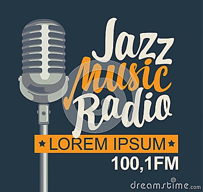 Banner for jazz music radio with silver microphone Vector Illustration