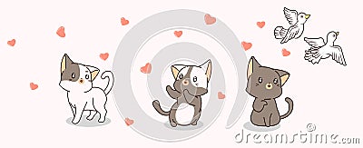 Banner kawaii cats are looking hearts which are spreaded by couple bird Vector Illustration