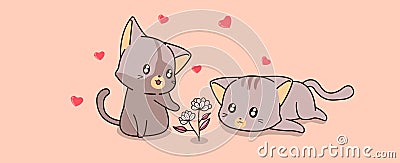 Banner kawaii cats and mini flower Vector Illustration