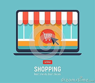 Banner with laptop. Page with online store open on laptop screen. Concept online shopping Vector Illustration