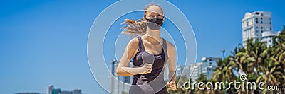 BANNER, LONG FORMAT Woman runner wearing medical mask. Running in the city against the backdrop of the city. Coronavirus Stock Photo