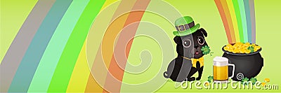 Banner made with a cute black pug in Leprechaun hat, glass of beer and pot of gold. Saint Patricks Day card. Cartoon Vector Illustration