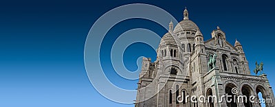 Banner with Majestic Sacre-Coeur Montmartre Basilica at blue sky background and copy space, Paris, France, design, architecture Stock Photo