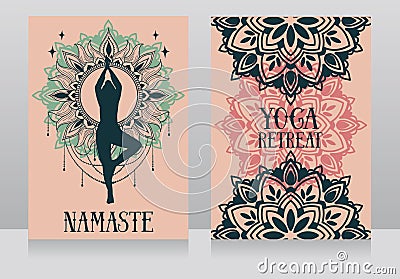 Banner for meditation and spiritual travel with human in yoga asana and fantasy mandala ornament Vector Illustration