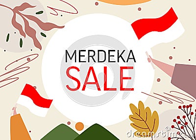 Banner for merdeka august Indonesia independence sale promotion offer discount sale with frame hand hold indonesian flag Vector Illustration