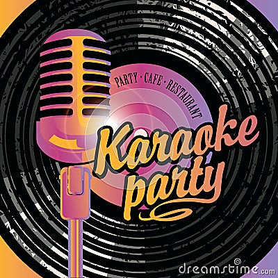 Banner with mic and vinyl record for karaoke party Vector Illustration