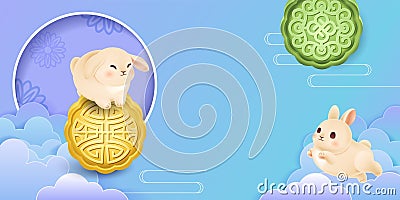 Banner for Mid Autumn Festival with rabbits snow skin mooncakes and pattern Design card with bunny Vector Illustration