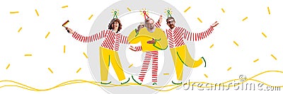 Banner. Modern aesthetic artwork. Company of Jewish men celebrating Purim in traditional costumes against white Stock Photo
