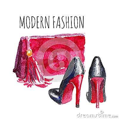 Banner with modern womens shoes and bag Vector Illustration