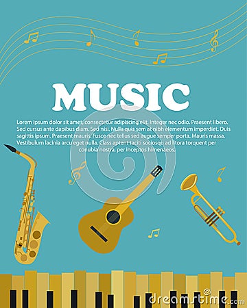 Banner with musical instruments piano, saxophone. guitar Vector Illustration