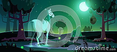 Banner of mystery with horse ghost in forest Vector Illustration