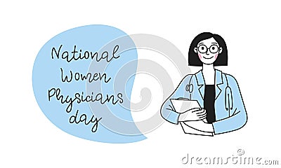 Banner National Women Physicians Day. Doctor. Diversity women in different poses. Vector doodle illustration Vector Illustration