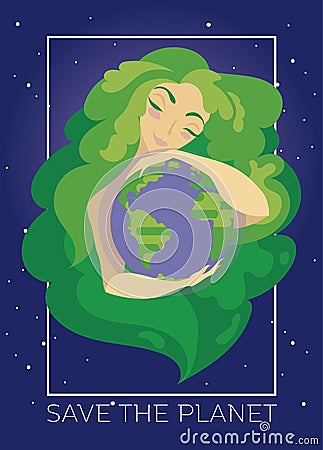 Banner with natural woman with green hair hugging our planet Vector Illustration