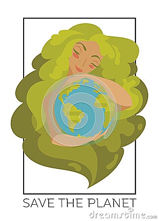 Banner with natural woman with green hair hugging our planet Vector Illustration
