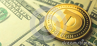 Banner one dogecoin against US dollars on the background, cryptocurrency business concept photo Editorial Stock Photo