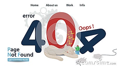 Banner oops 404 error page not found animal cat sleeping on numbers for website and mobile app design Flat vector Illustration Vector Illustration