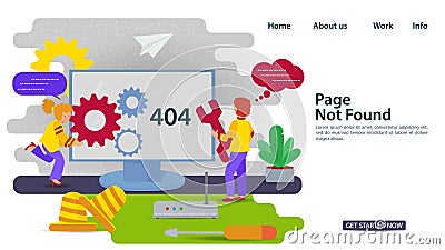 Banner Oops 404 error page not found Internet connection problems a girl and a guy with a key repair the Internet for websites and Vector Illustration