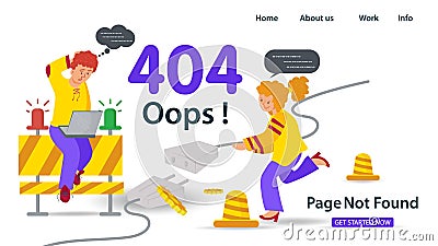 Banner Oops 404 error page not found Internet connection problems Girl holding a cable guy sitting with a laptop errors for Vector Illustration