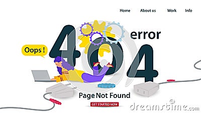 Banner Oops 404 error page not found Internet connection problems Girl with laptop lying in front of numbers for websites and Vector Illustration