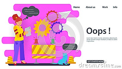 Banner Oops 404 error page not found Internet connection problems a girl with a phone is standing next to a barrier for websites Vector Illustration