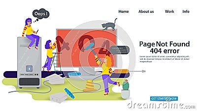 Banner Oops 404 error page not found Internet connection problems Small people repair computer paint numbers for websites and Vector Illustration