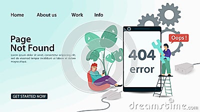 Banner Oops 404 error page not found Internet connection problems small people trying to restore connection for smartphone for Vector Illustration