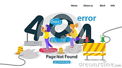 Banner Oops 404 error page not found Internet connection problems Two girls holding numbers for websites and mobile apps Flat Vector Illustration
